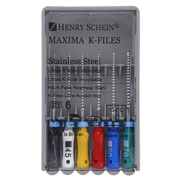 Maxima Hand K-File 21 mm Size 40-70 Stainless Steel Assorted 6/Bx