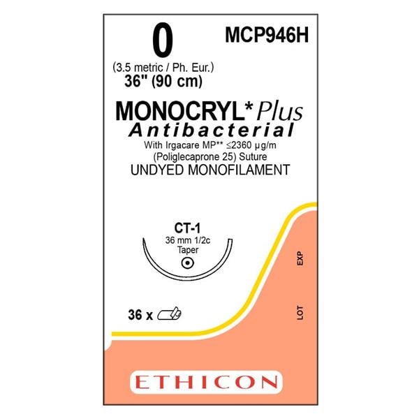 Monocryl Plus Suture 0 36" Triclosan/Polyglecaprone 25 Mnflmnt CT-1 Undyd 36/Bx