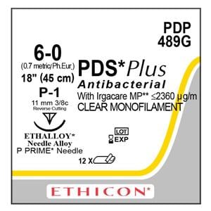 PDS Plus Suture 6-0 18" Triclosan, Polydioxanone Monofilament P-1 Undyed 12/Bx