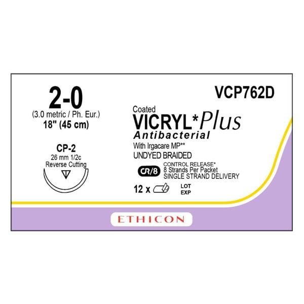 Vicryl Plus Suture 2-0 18" Triclosan/Polyglactin 910 Braid CP-2 Undyed 12/Bx