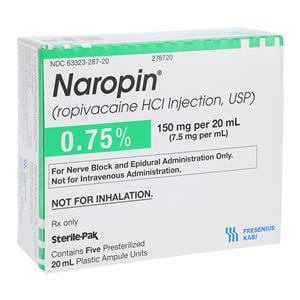 Naropin Injection 0.75% 7.5mg/mL Preservative Free Ampule 20mL 5/Package, 24 PK/CA