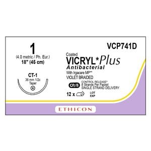 Coated Vicryl Plus Suture 1-0 18" Triclosan/Polyglactin 910 Braid CT-1 Vio 12/Bx
