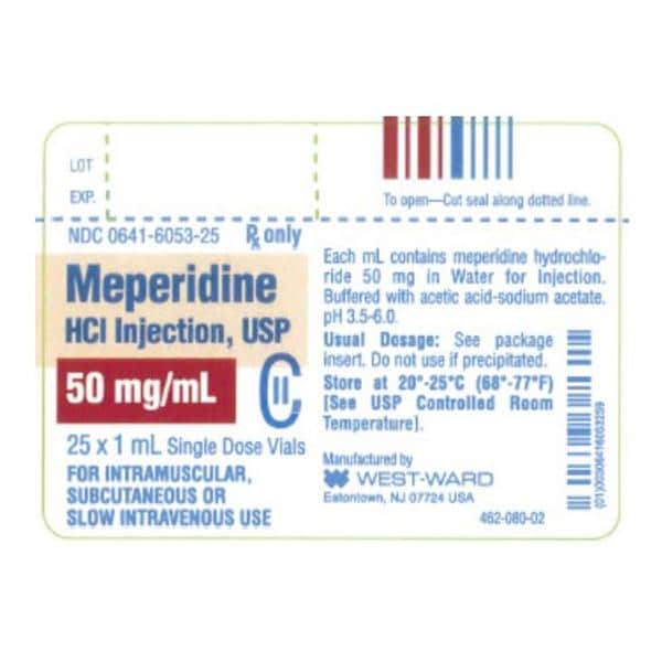 Meperidine HCl Injection 50mg/mL SDV 1mL 25/Package