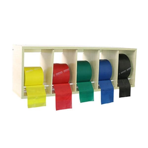 Storage Rack With 5 50yd Rolls of CanDo Low Powder Exercise Bands