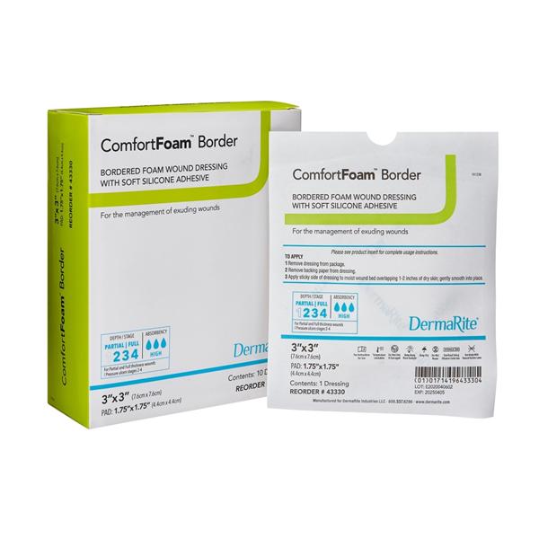 Comfortfoam Border PU Fm Wound Dressing 3x3 Strl Sq Slf Adh Slcn Adh Tn Hi Abs