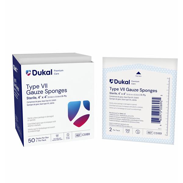 Caliber 100% Woven Cotton Gauze Sponge 4x4" 8 Ply Sterile USP Type VII LF, 12 BX/CA