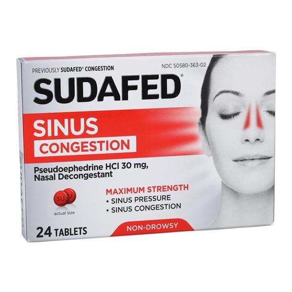 Sudafed Sinus/Congestion Tablets 30mg 24/Bx, 72 BX/CA