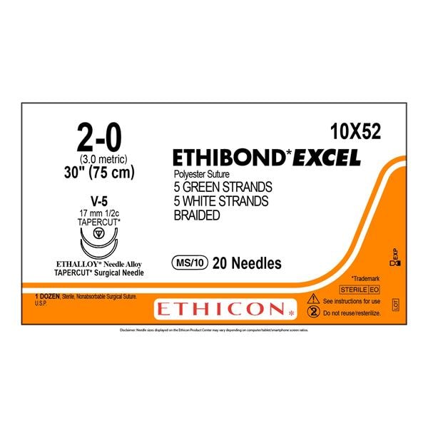 Ethibond Excel Suture 2-0 30" Polyester Braid V-5 Green/White 6/Bx