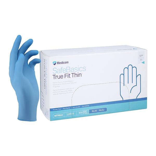 SafeBasics True Fit Thin Nitrile Exam Gloves Small Blue Non-Sterile 300/Bx