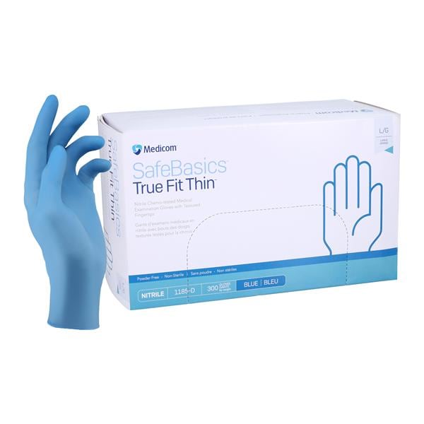 SafeBasics True Fit Thin Nitrile Exam Gloves Large Blue Non-Sterile 300/Bx, 8 BX/CA