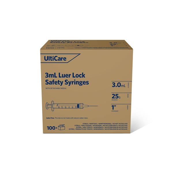 UltiCare Luer Lock Syringe/Needle 25gx1" 3mL Detachable Safety Shield LDS 400/Ca