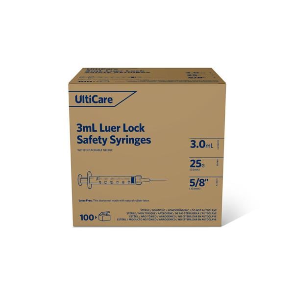 UltiCare Luer Lock Syringe/Needle 25gx5/8" 3mL Detachable Sfty Shld LDS 400/Ca