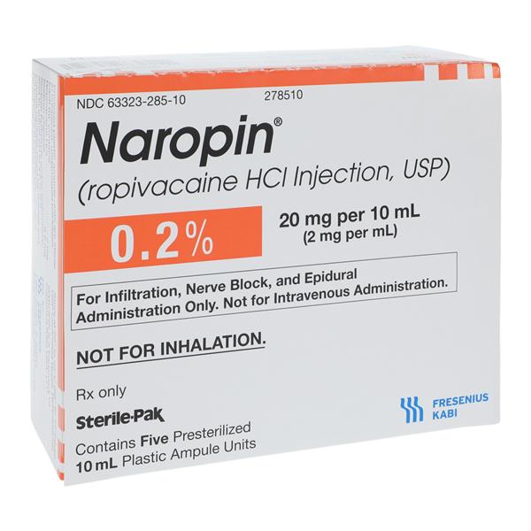 Naropin Injection 0.2% 2mg/mL Preservative Free Ampule 10mL 5/Pac...