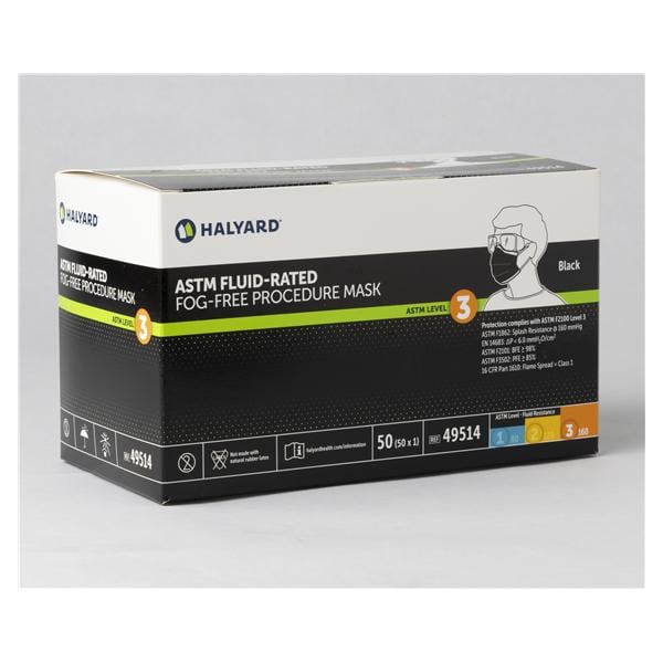 Halyard Face Mask ASTM F2100-23 Level 3 Anti-Fog Foam Black 50/Bx