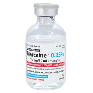 Marcaine w/Epinephrine Injection 0.25% 1:200,000 Preservative Free SDV 30mL Each