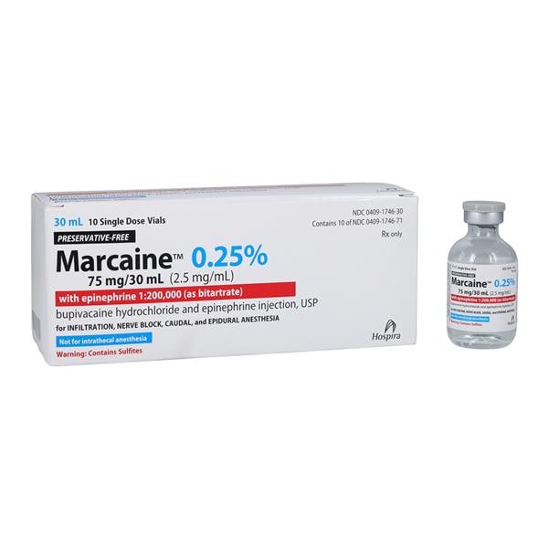 Marcaine w/Epinephrine Injection 0.25% 1:200,000 PF SDV 30mL 10/Package