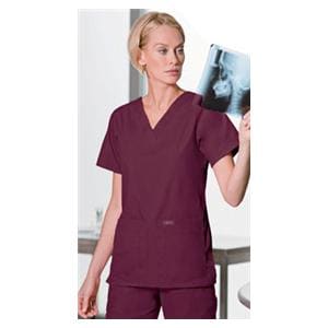 Scrub Shirt V-Neck 4 Pockets Short Sleeves X-Large Wine Womens Ea