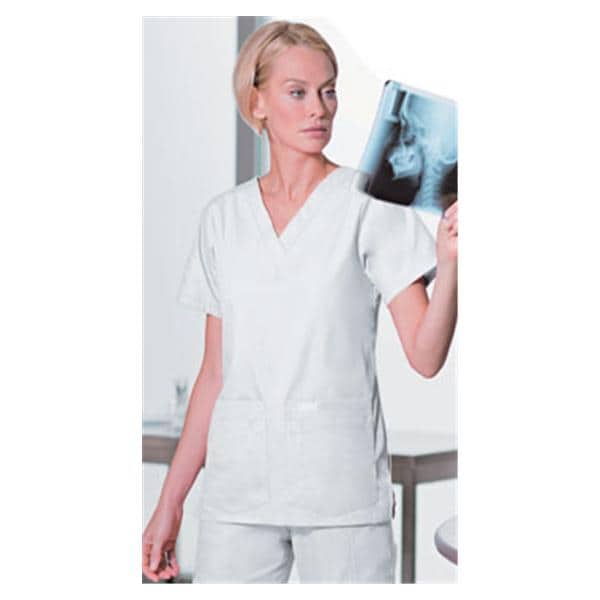 Scrub Shirt V-Neck 4 Pockets Short Sleeves Medium White Womens Ea