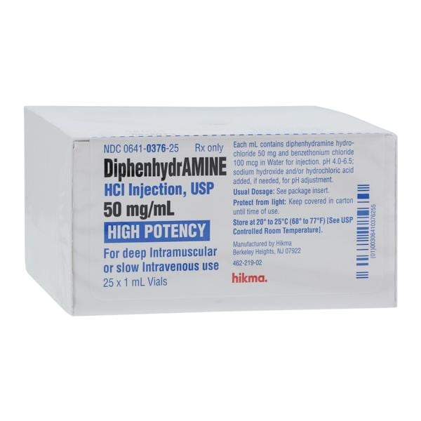 Diphenhydramine HCl Injection 50mg/mL SDV 1mL 25/Package, 40 BX/CA