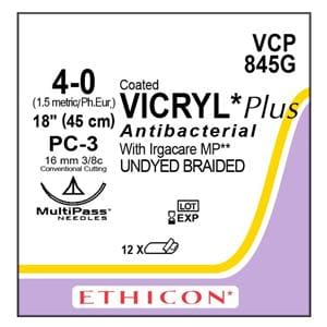 Vicryl Plus Suture 4-0 18" Triclosan/Polyglactin 910 Braid PC-3 Undyed 12/Bx