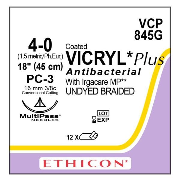 Vicryl Plus Suture 4-0 18" Triclosan/Polyglactin 910 Braid PC-3 Undyed 12/Bx