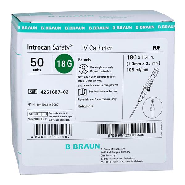 Introcan Safety IV Catheter Safety 18 Gauge 1-1/4" Green Straight 50/Bx, 4 BX/CA
