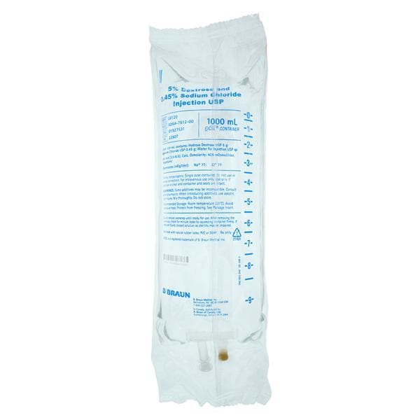 Injection Solution Dextrose 5%/Sodium Chloride 0.45% 1000mL Excl IV Cntnr Ea, 12 EA/CA