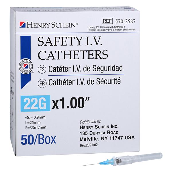 IV Catheter Push Button 22 Gauge 1" 50/Bx, 4 BX/CA