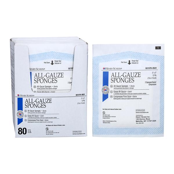 Henry Schein Premium 100% Cotton All-Gauze Sponge 3x3" 12 Ply Sterile Square LF
