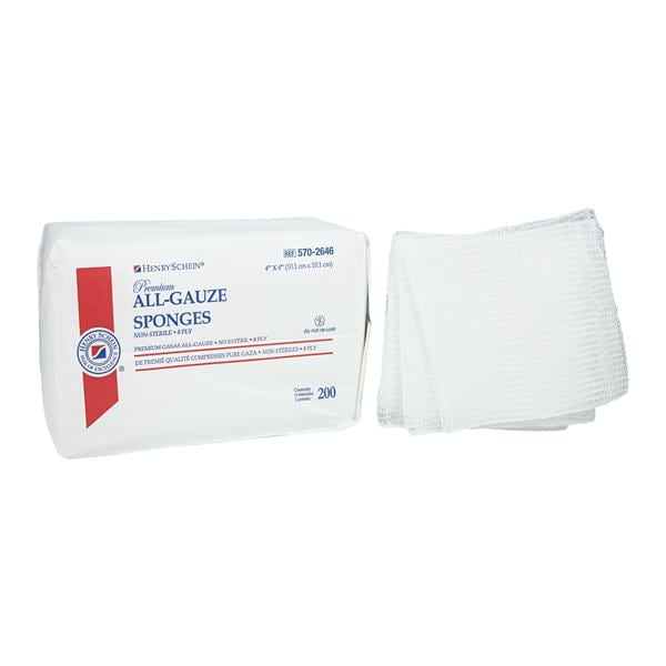 Henry Schein Premium 100% Cotton All-Gauze Sponge 4x4" 8-Ply Non-Sterile Sq LF, 20 PK/CA