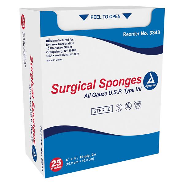 100% Cotton Gauze Sponge 4x4" 12 Ply Sterile Not Made With Natural Rubber Latex, 24 BX/CA