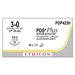 PDS Plus Suture 3-0 27" Triclosan, Polydioxanone Monofilament FS-2 Undyed 36/Bx