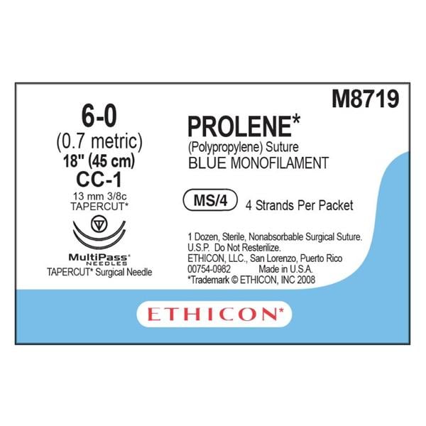 Prolene Suture 6-0 4-18" Polypropylene Monofilament C-1/C-1 Blue 12/Bx