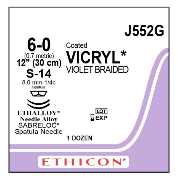 Vicryl Suture 6-0 1x12" Polyglactin 910 Braid S-14/S-14 Violet 12/Bx