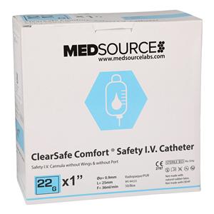 ClearSafe IV Catheter Safety 22 Gauge 1" Straight 50/Bx