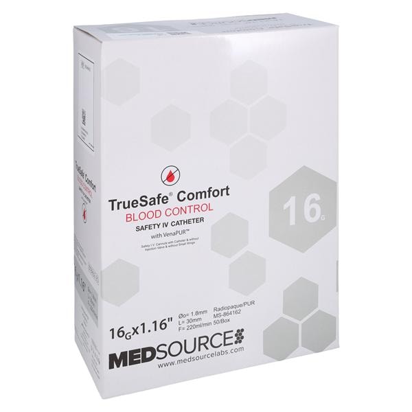 TrueSafe Blood Control IV Catheter Push Button 16 Gauge 1.16" Gray 50/Bx