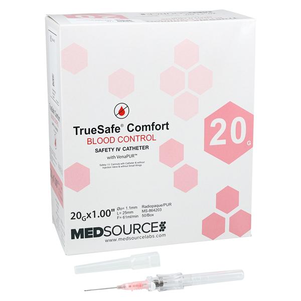 TrueSafe Blood Control IV Catheter Push Button 20 Gauge 1" Pink 50/Bx