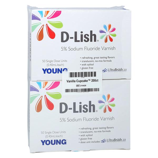 D-Lish Fluoride Varnish Bulk Package 5% NaF 0.4 mL Vanilla Cupcake 200/Bx, 14 BX/CA