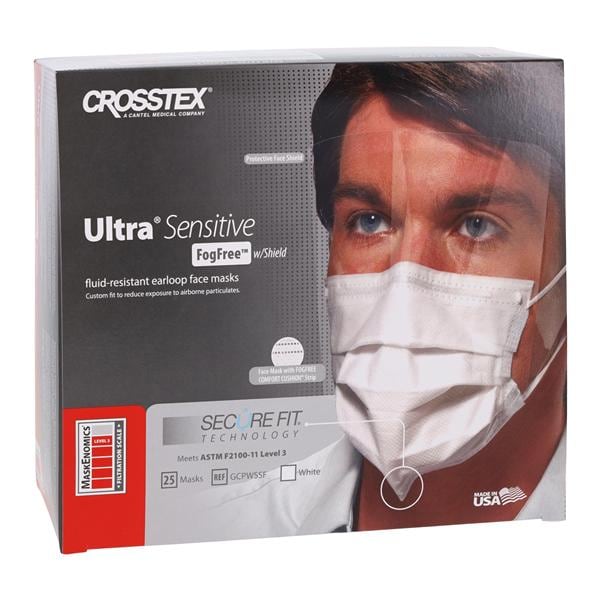 Ultra Sensitive Fog-Free Secure Fit Earloop Mask / Shield ASTM Level 3 Wt 25/Bx