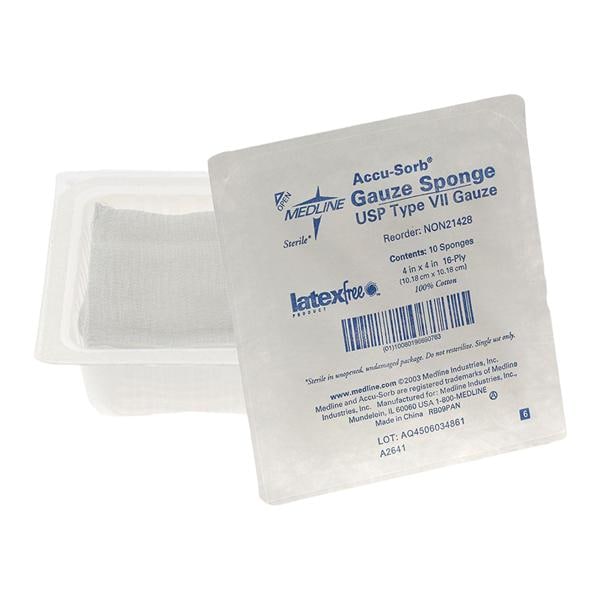 100% Cotton Woven Gauze Sponge 4x4" 16 Ply Sterile USP Type VII LF, 128 PK/CA