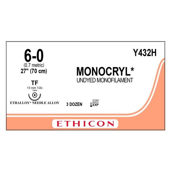 Monocryl Suture 6-0 27" Poliglecaprone 25 Monofilament TF Undyed 36/Bx