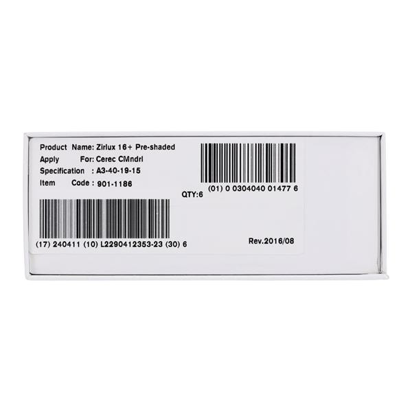 Zirlux 16+ Zirconia Block A3 40x19x15mm 6/PK