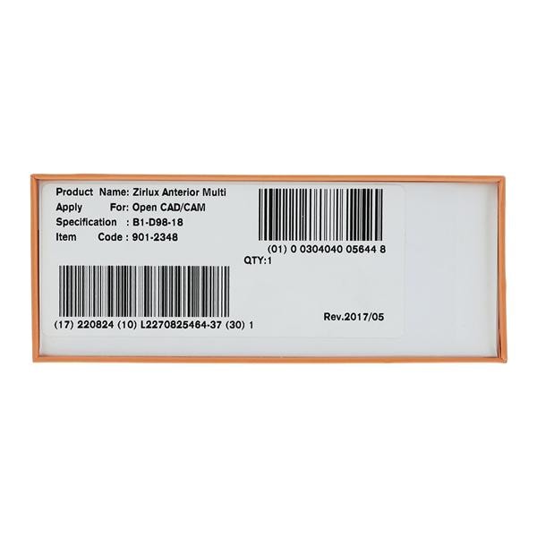 Zirlux Anterior Multi Zirconia Disc B1 98x18mm Ea