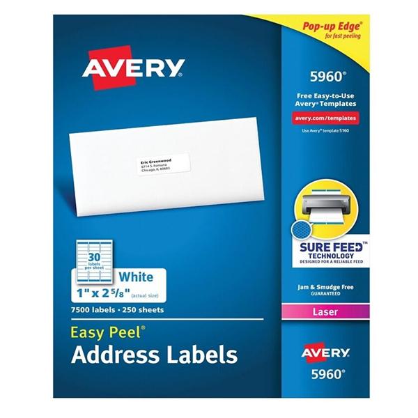 Avery White Laser Address Label 1 in x 2 5/8 in 7500/Box 7500/Bx