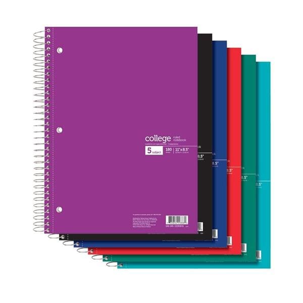 Wirebound Notebook 5 Subjects College Ruled 180 Sheets Assorted 8.5"x11