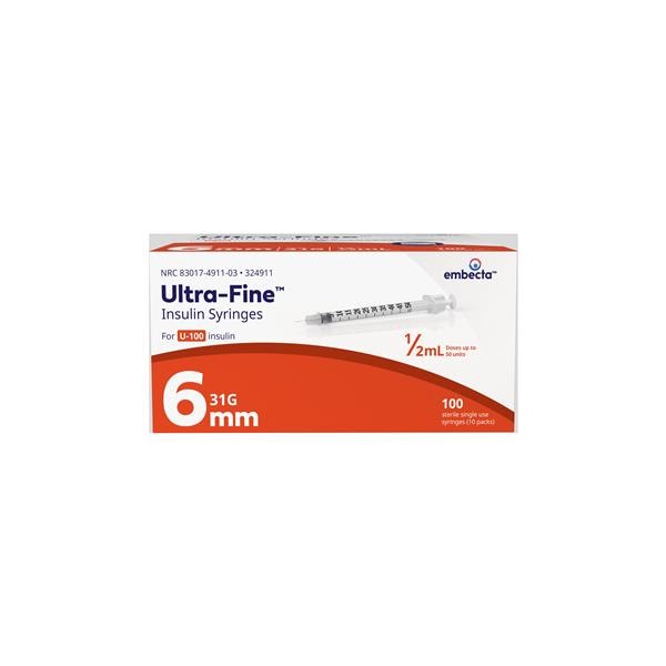 Ultra-Fine Insulin Syringe/Needle 31gx6mm 0.5cc Conventional LDS 100/Bx, 5 BX/CA