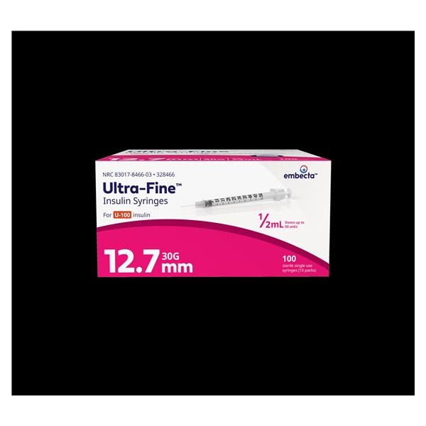 Ultra-Fine Insulin Syringe/Needle 30gx1/2" 0.5cc Tan Conventional LDS 100/Bx