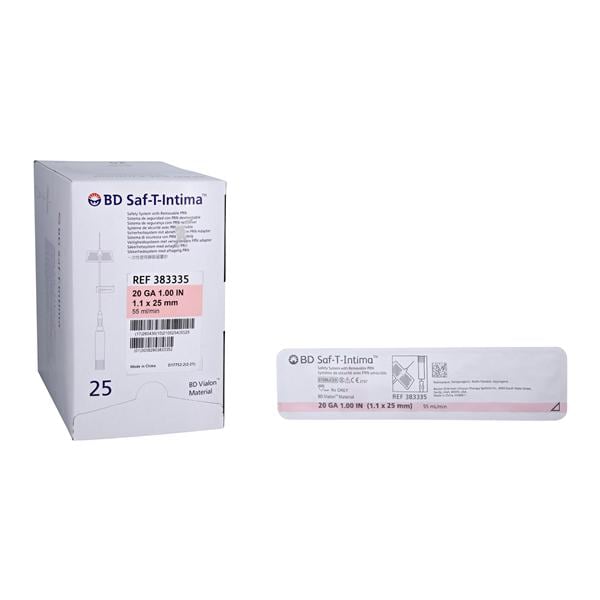 Saf-T-Intima IV Catheter Safety 20 Gauge 1" Pink Closed End 25/Bx, 8 BX/CA